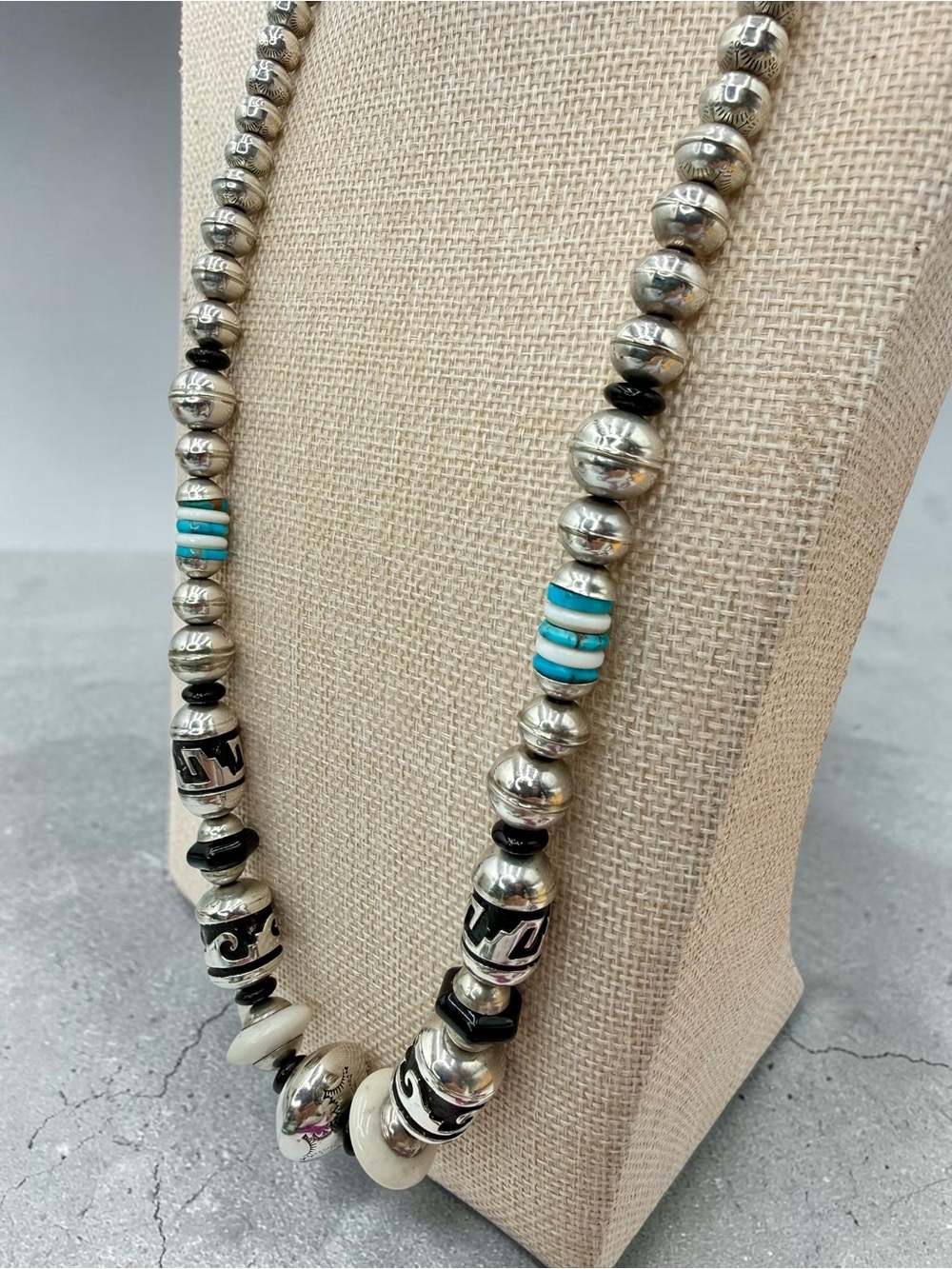 Thomas Singer Navajo Sterling Silver Turquoise Onyx MOP Bead Necklace 24” 74gram - Picture 11 of 17